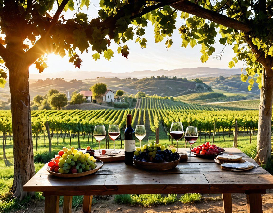 A picturesque vineyard bathed in golden sunset light, with lush green grapevines stretching into the horizon. In the foreground, a rustic wooden table holds an assortment of wine glasses filled with red and white wine, paired with artisanal cheese and fruits. An open winemaking guide is spread over the table, inviting viewers into the unique world of wine. A soft breeze gently moves the leaves, evoking a sense of joy and tranquility. super-realistic. vibrant colors. warm lighting.