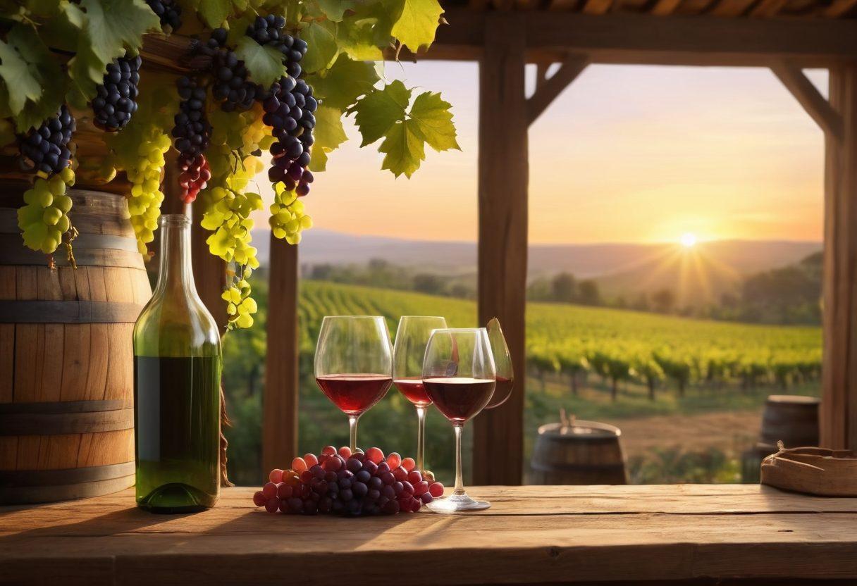 A serene vineyard at sunset, showcasing ripe grape clusters hanging from green vines, with a skilled winemaker in the foreground pouring freshly pressed grape juice into clear glass bottles. The background features a rustic winery with wooden barrels and wine glass silhouettes. Capture the harmony between nature and craftsmanship. vibrant colors. super-realistic.