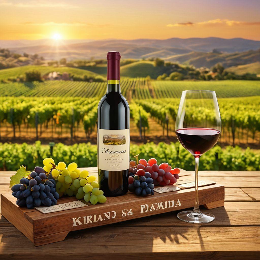 A captivating vineyard landscape showcasing rows of unique grape varieties, each labeled with their distinctive names. In the foreground, a wooden table adorned with glasses of different wines, reflecting sunlight, along with a beautifully crafted wine bottle featuring an artistic label. The background features rolling hills and a golden sunset, highlighting the beauty of wine country. super-realistic. vibrant colors. 3D.